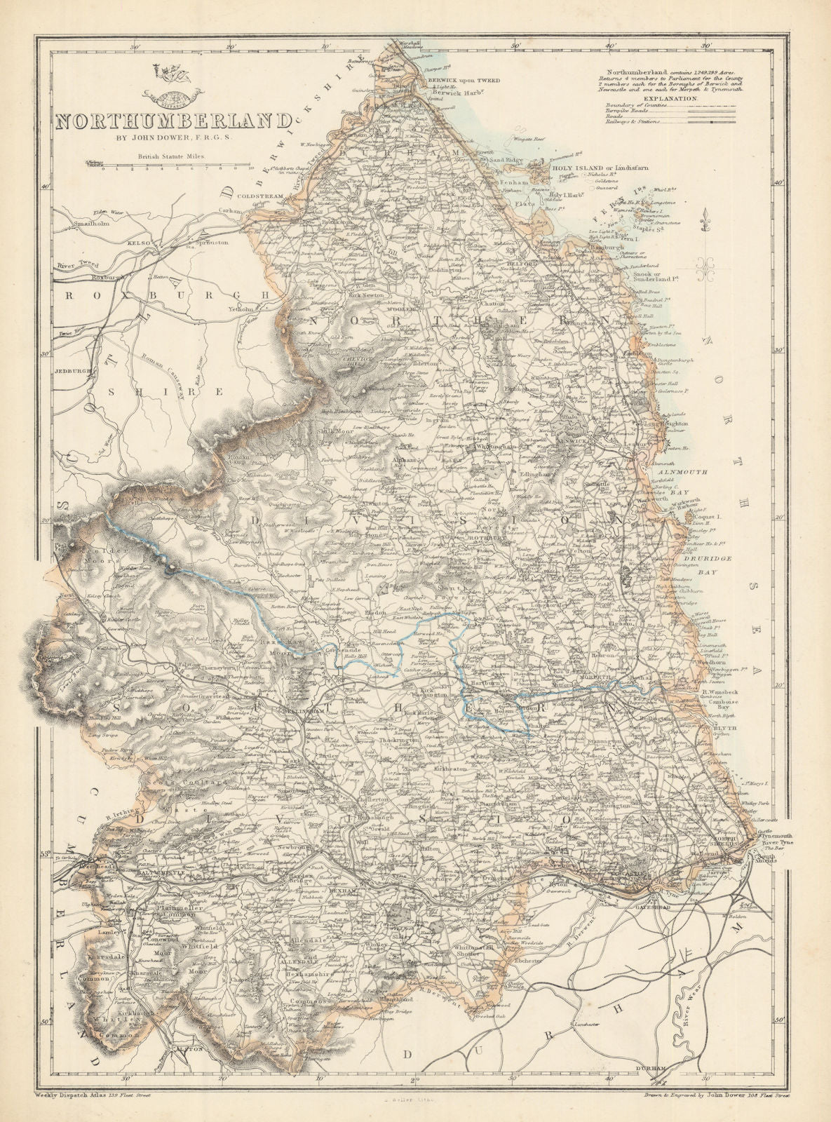 NORTHUMBERLAND. County map. Railways Cheviot Hills Farne Islands.DOWER 1863